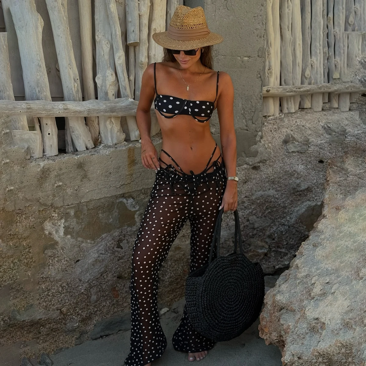 

3 Pieces Bikini 2025 Sexy Women Swimsuit Swimwear Female Dot Bikini Set Beachwear Bathing Suit Pants wimming Suit Cover Ups