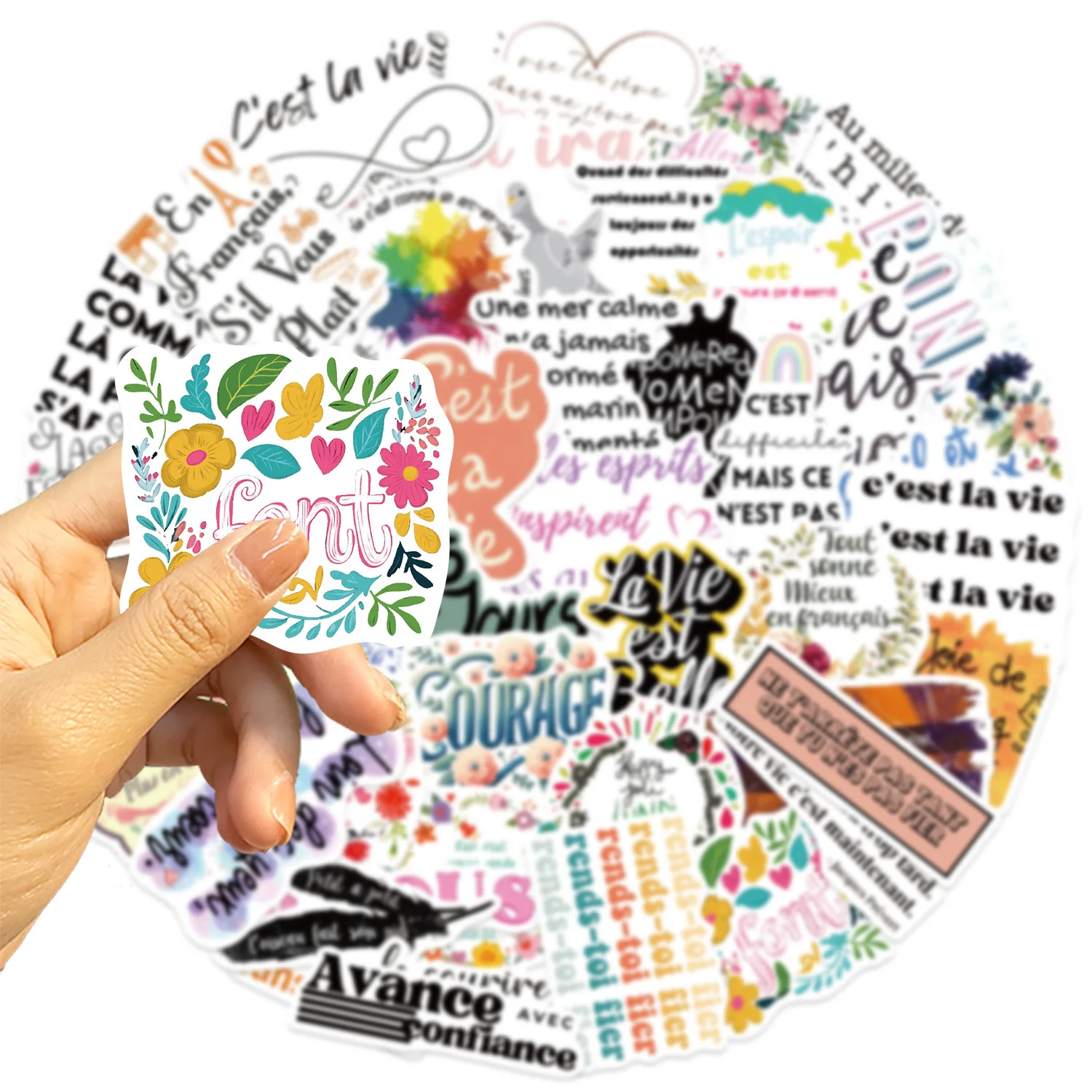 50 Uds. Pegatinas de dibujos animados con frases francesas, decoración de Graffiti inspiradora, juguetes DIY, maleta, nevera, portátil, guitarra, coche, bicicleta, calcomanías