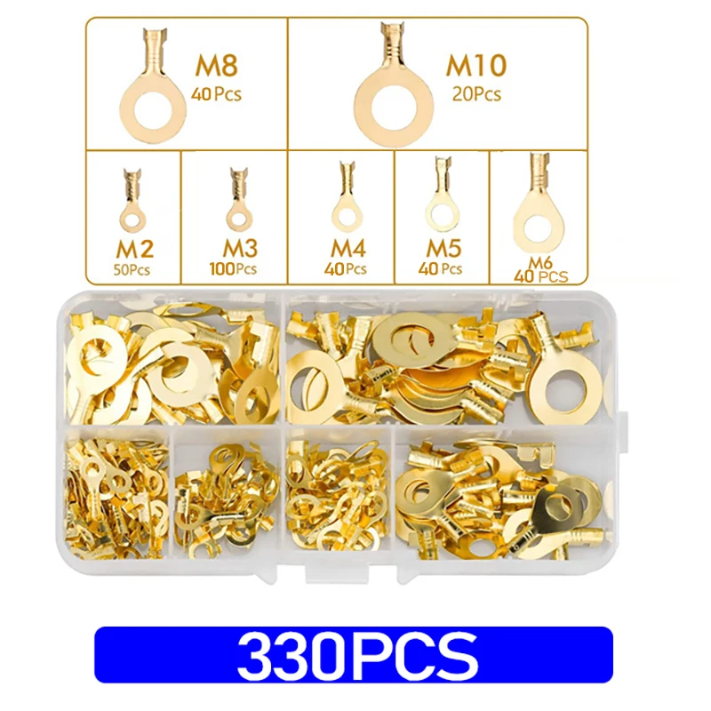 330 piece M2/M3/M4/M5/M6/M8/M10 Ring Lugs Eyes Copper Crimp Terminals Cable Wire Connector Non-insulated Assortment Kit