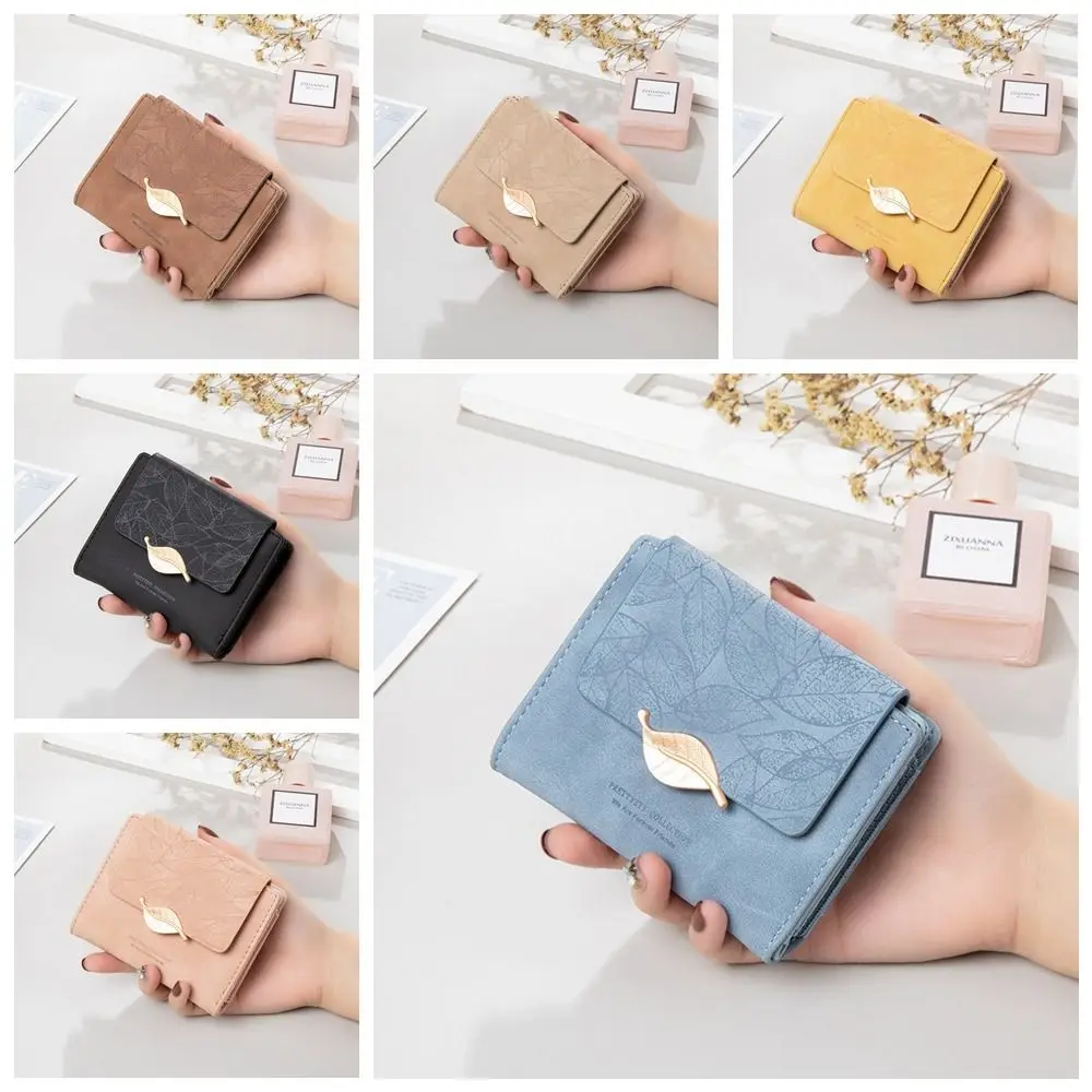 Portable Pure Color Trifold Wallet Multiple Card Slot Square Leaf Print Short Wallet Waterproof Zipper Folding Coin Purse School