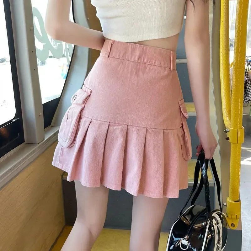 Pink Cargo Denim Skirt Women Korean Fashion High Waisted Big Pockets Mini Skirts De Mujer College Style Wild Pleated Skirt Z614