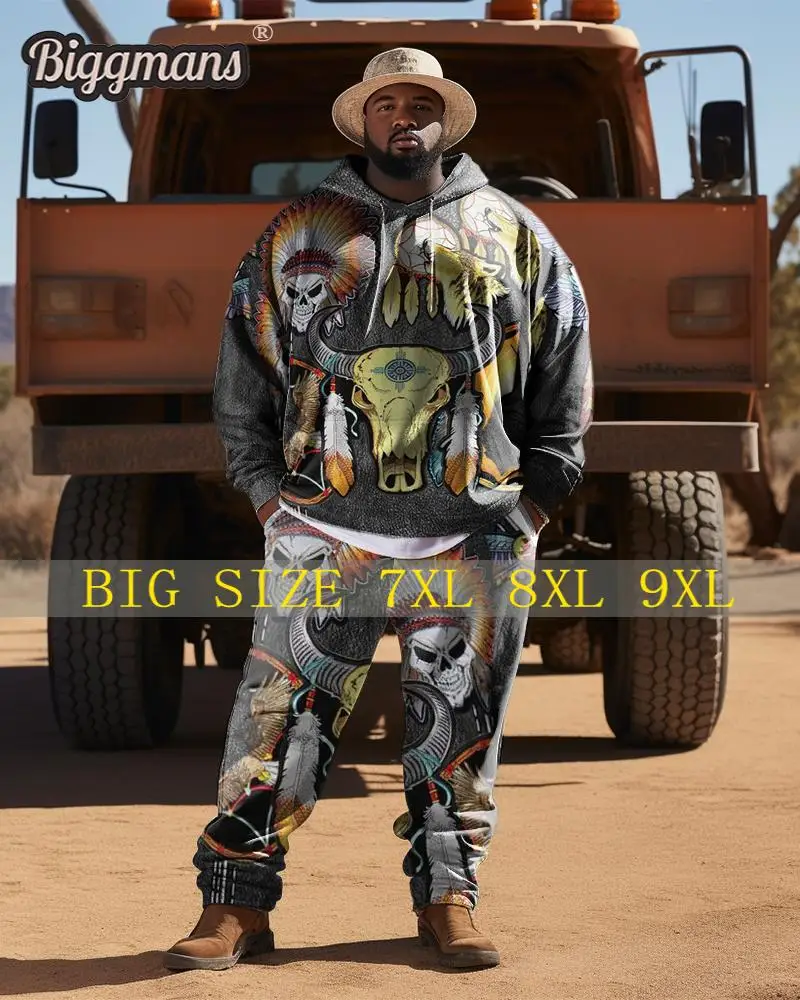 Biggmans Plus Size for Men's Hoodie Set Clothing Western Bull Head Denim Printing Long Sleeve Pattern Big and Tall L-9Xl