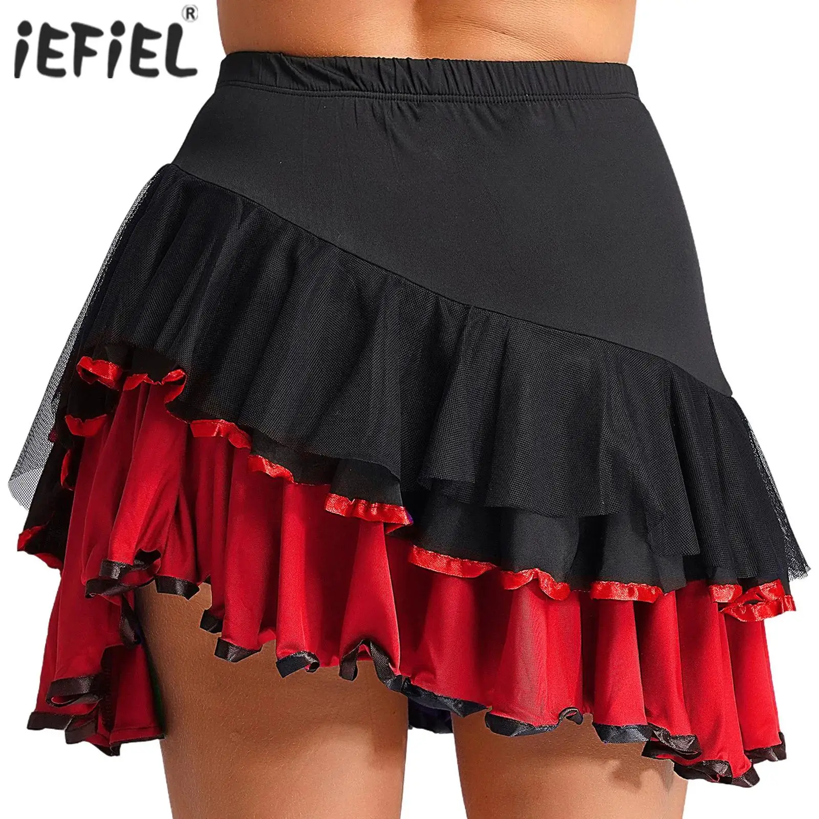 Womens High Waist Elastic Waistband Contrasting Ruffled Skirt with Built-in Shorts Latin Tango Cha-Cha Dance Performance Costume