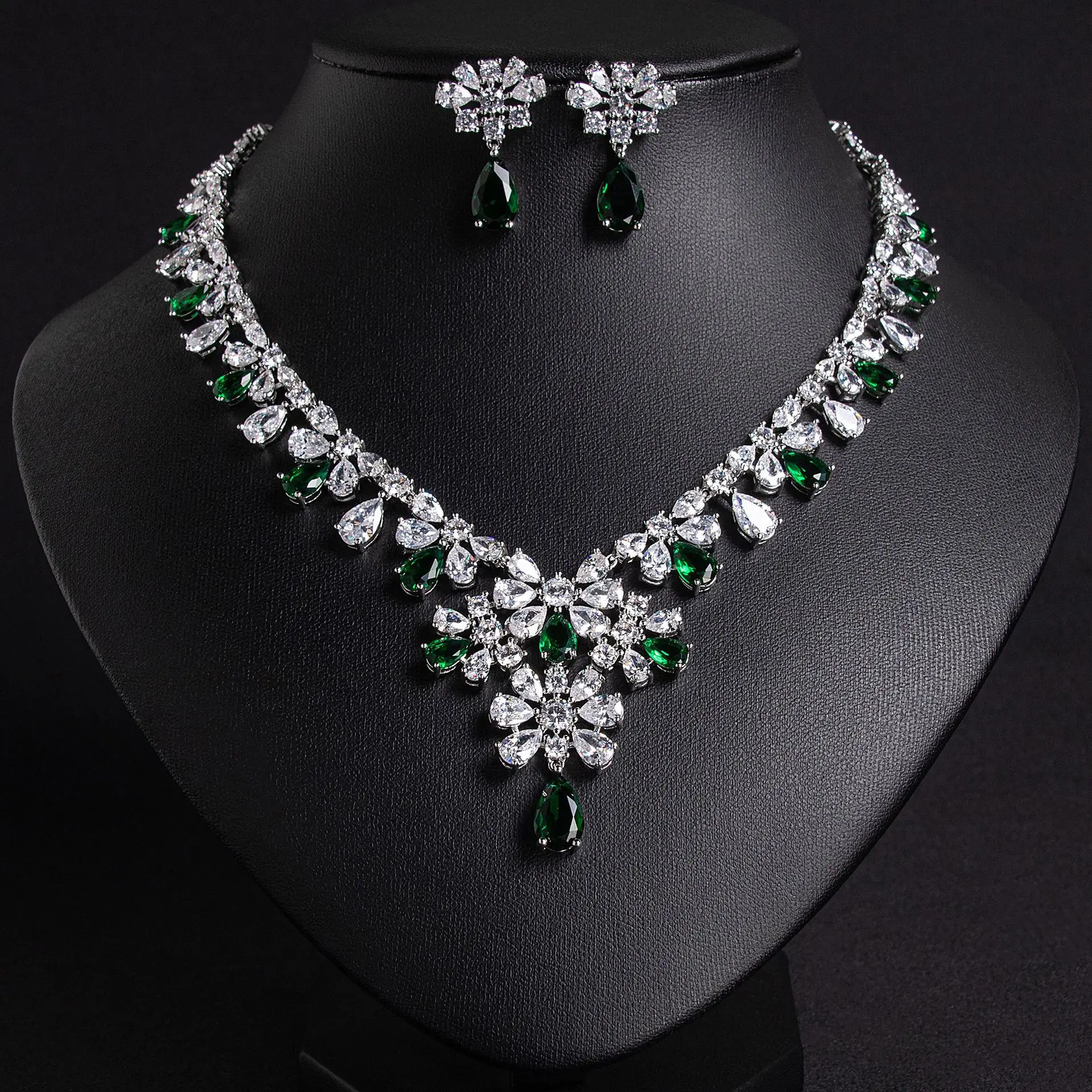 Luxury Bridal Jewelry Set For Women Elegant Cubic Zirconia CZ Indian Bride Necklace And Earring Set For Wedding Prom Jewellry