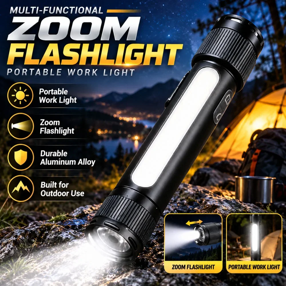 Upgraded Three-Light Source Flashlight with Dual Switch Rechargeable Powerful Hand Torch Long Lasting Lithium Battery Multi