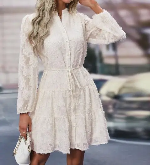 Womens Dresses 2025 Spring New Solid Color Perspective Jacquard Round Neck Long Sleeve Casual Lace Up Daily Mini Dress