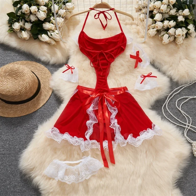 Sexy Lingerie Lace-up Top Cosplay Maid Uniform Bodysuit Set Mini Skirt Patchwork Lace Edge Backless Jumsuit Hollow Women Suits