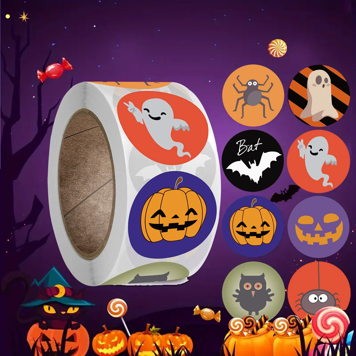 

500 наклеек/рулон, декоративные наклейки на подарок на Хэллоуин, декоративные наклейки на подарок, самоклеящиеся декоративные наклейки на подарок