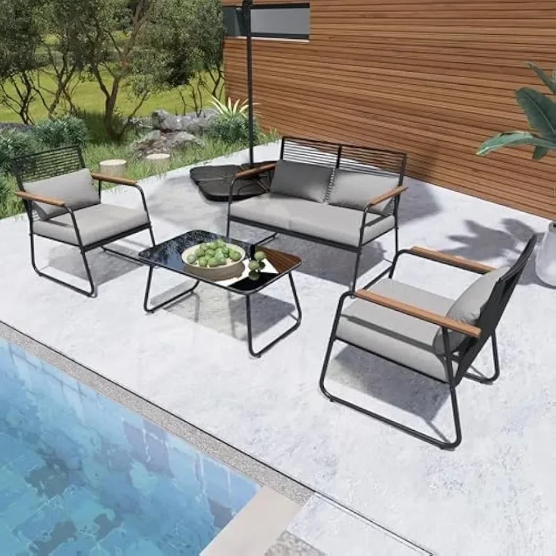 

High quality 4-Piece Patio Outdoor Furniture Set,Removable&Washable Soft Cushion,Wooden Armrest,GlassTable,for Backyard,Balcony
