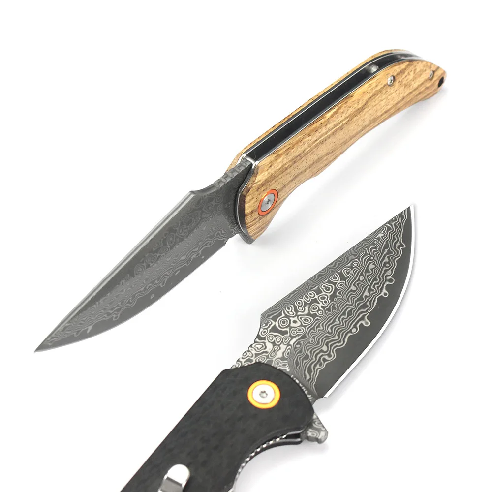 Kesiwo Damascus Pocket Folding Knife Tactical Outdoor Camping Fish tool Survival Carbon fiber G10 Wood Handle Portable EDC Knife