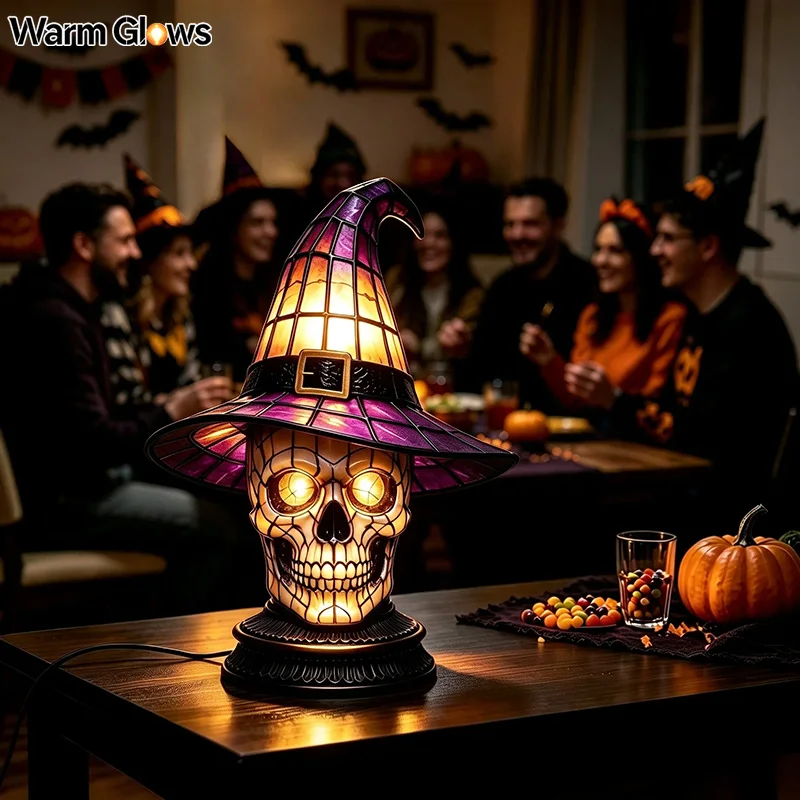 Stained Glass Resin Witch Hat Lamp Gothic Halloween Decor Night Light Spooky Desktop Ornament for Bedroom Party Holiday Gift