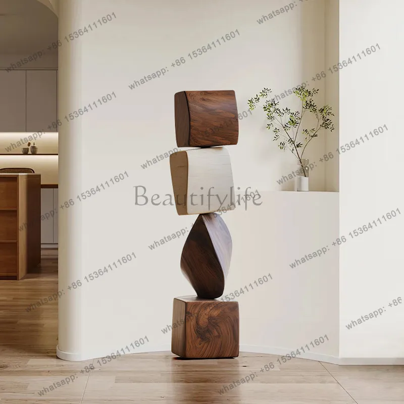 Hotel wood carving floor ornaments, living room entrance abstract vertical sculpture artwork