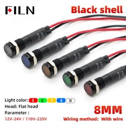 FILN 8mm 12V 24V 110V 220V Panel piloto LED de Metal negro indicador de señal de tablero luz de advertencia 20cm cable negro acabado coche barco Ma