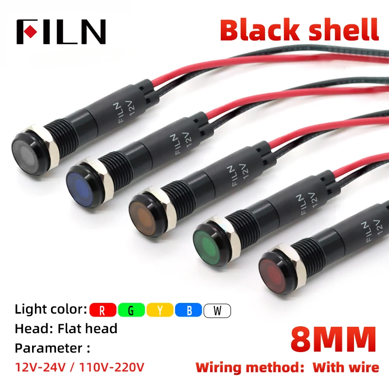 FILN 8mm 12V 24V 110V 220V Black Metal LED Pilot Panel Dash Signal Indicator Warning Light 20cm Cable Black Finished Car Boat Ma