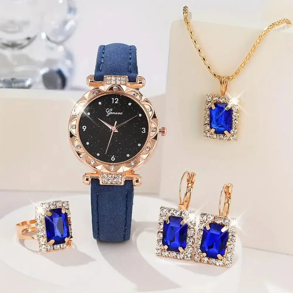 

5Pcs Luxury Rhinestone Quartz Watch Set Elegant Wristwatch Necklace Earrings Jewelry Gift For Women