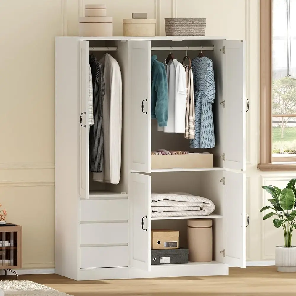 

70.9 White Large Capacity Storage Armoire with 3 Drawers and Hanging Rod for Bedroom