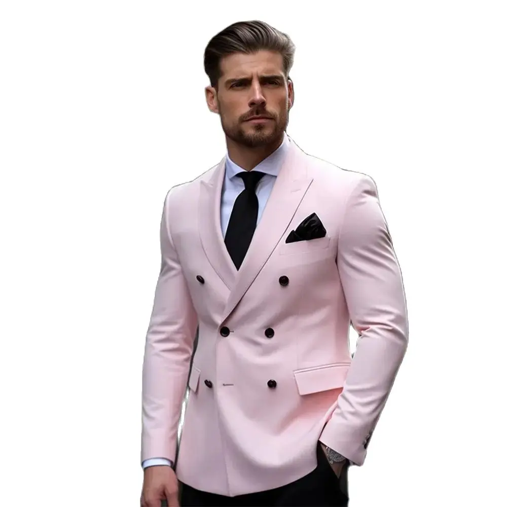 Light Pink Slim Fit Men's Suit Double Breasted Male Blazer Sets Prom Tuxedos Jacket And Pants Peaked Lapel Wedding Groom Wear