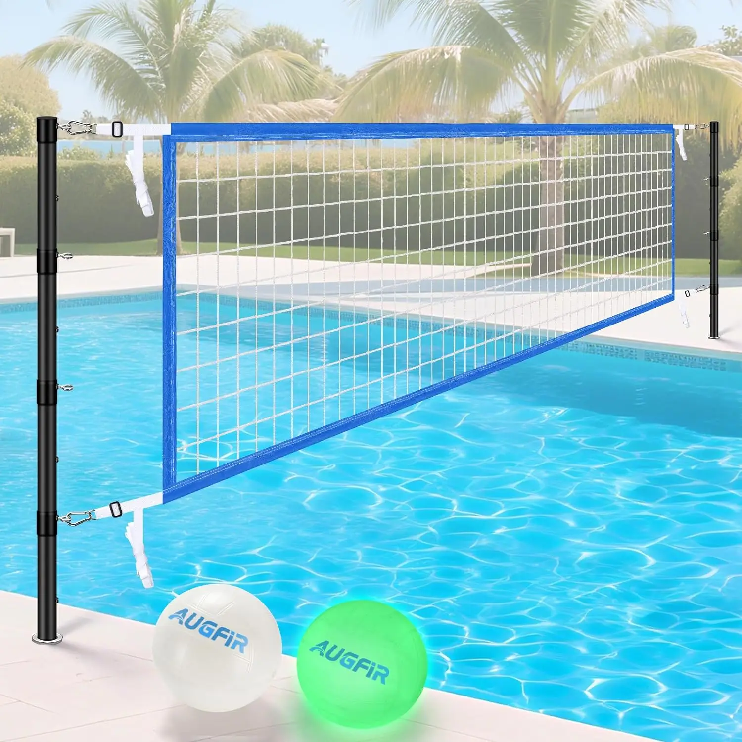 Adjustable Length and Height Pool Volleyball Net Set for Inground Pools, Compatible with Three Universal Ground-Mounted Bases, Includes 2 Glow-in-the-Dark Inflatable Volleyball Balls