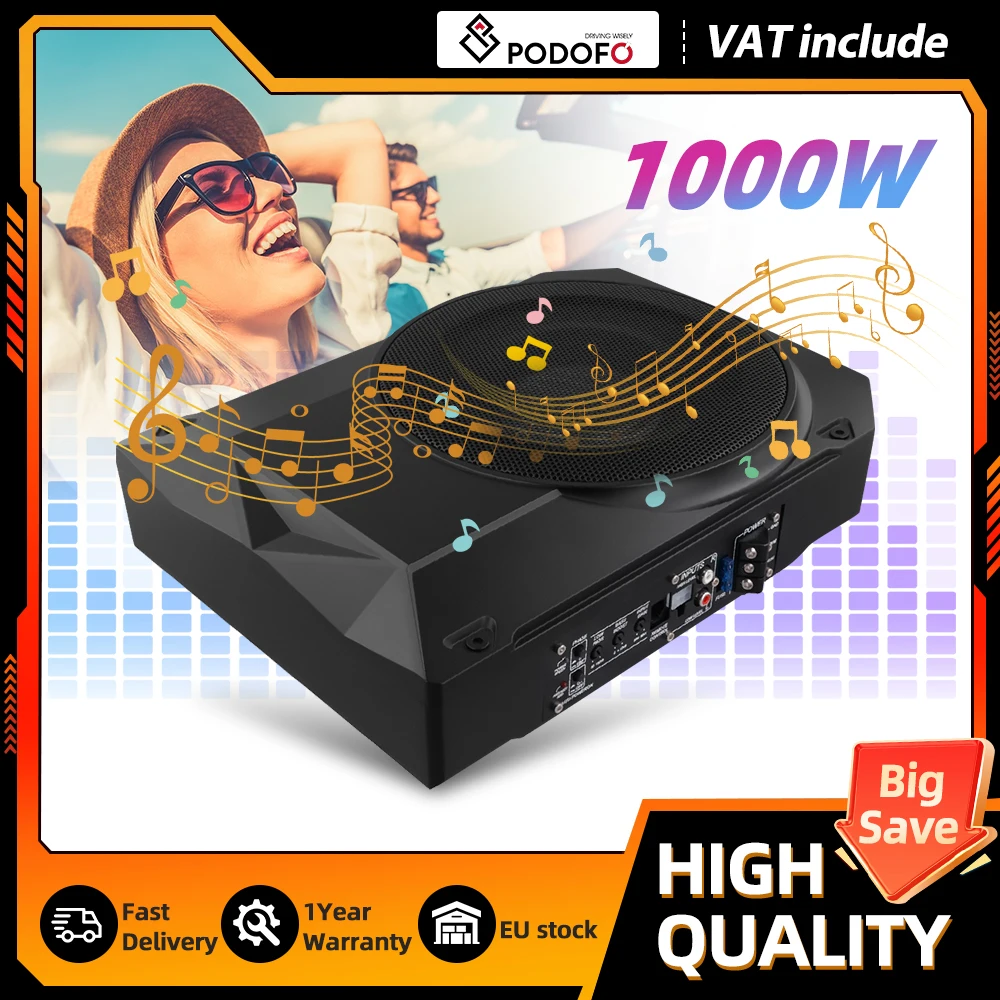 Podofo 10 Zoll Ultra-Dünner Aktiver Auto-Subwoofer Unter-Sitz Kompakter Bass Audio Stereo Verstärker Lautsprecher für Auto-Upgrade Fahrzeug-Stereo-Audiosystem
