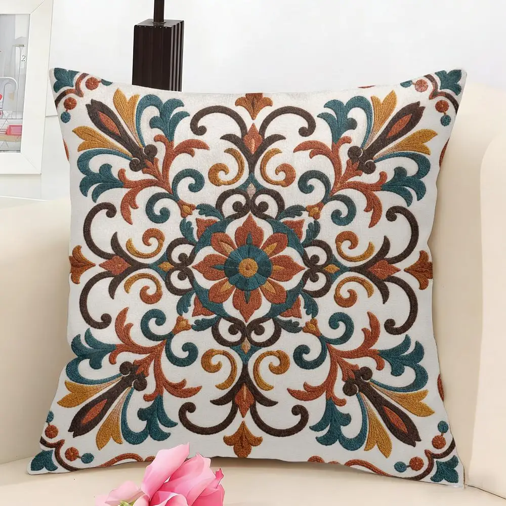 Royal Arabesque Bloom Cushion Cover Linen Pillow Cover 40x40cm Decorative Cushion Case Boho Home Sofa Decor Gift