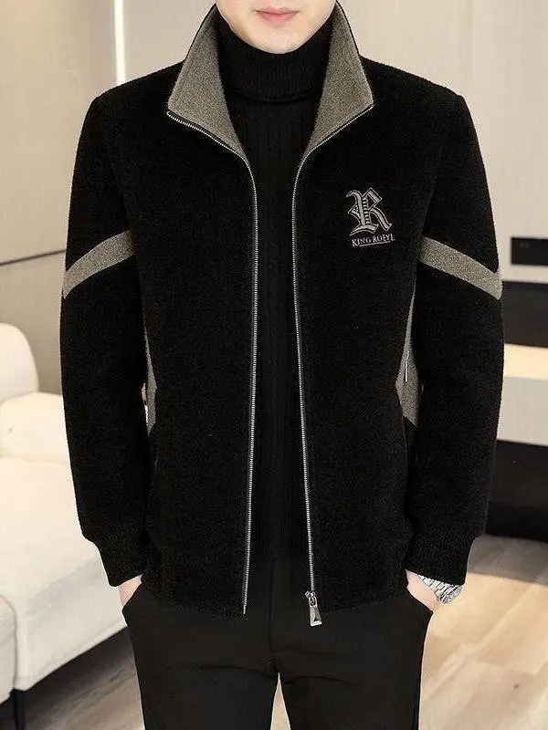 

New 2025 Men's Woolen Coat Casual ort Sle Faionable Trendy Spring Autumn Winter Jaet Patchwork Design Stand Fit
