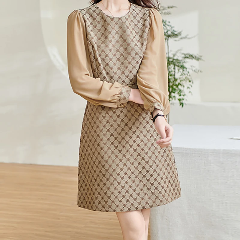 EVNISI Women Casual Long Sleeves Patchwork Dress With Belt Floral Printing Slim Office A-line Dresses Women Party Vestido Autumn