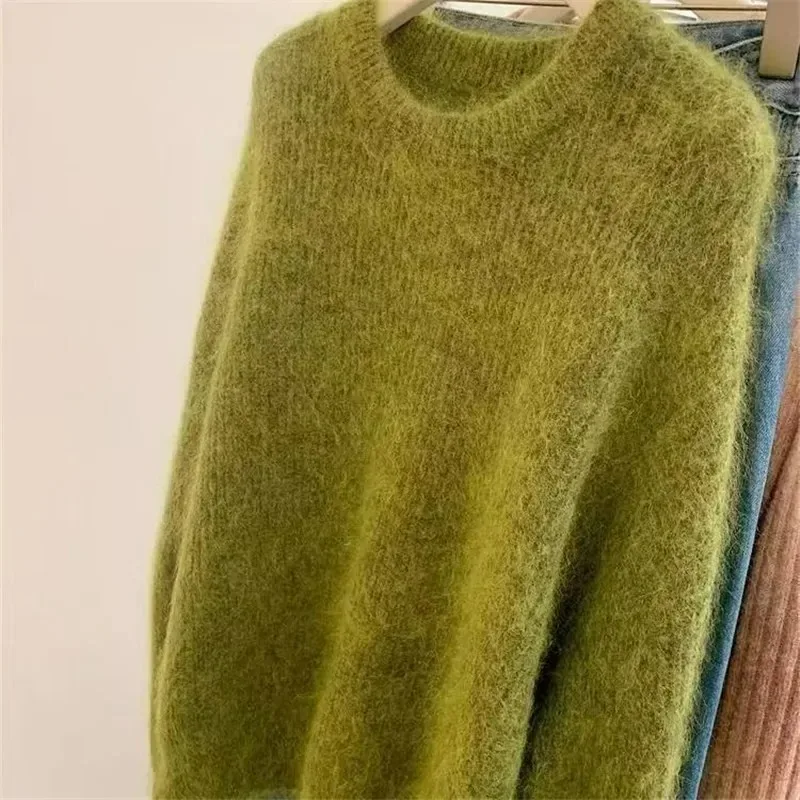 

Vintage Green Soft Mink Sweater Lazy Style O-Neck Knit Pullover Autumn Winter Loose Women Mohair Knitwears Jumper