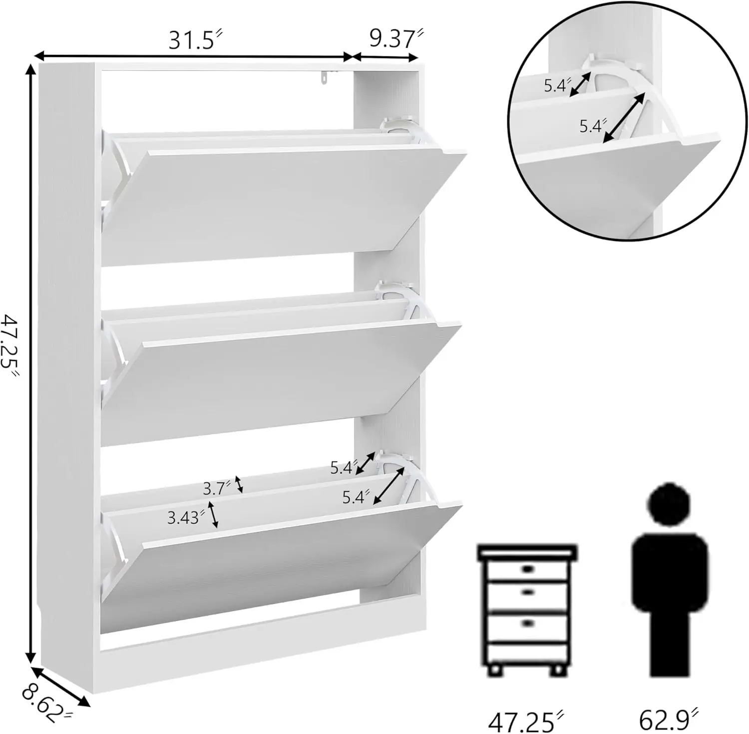 Shoe Cabinet Storage for Entryway, Slim 3-Tier Wood Rack with 3 Flip Drawers, Freestanding Shoe Organizer for Hallway, White