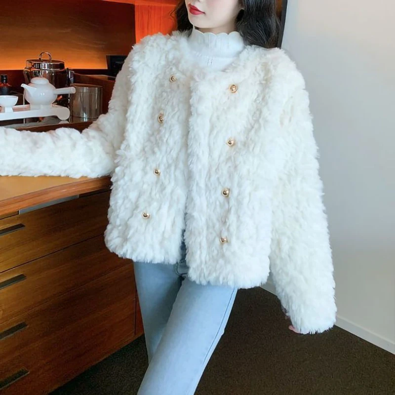 Korea Fashion Faux Fur Jacket Women Winter High Lamb wool  Coat Woman Soft Thick Furry Short Jackets