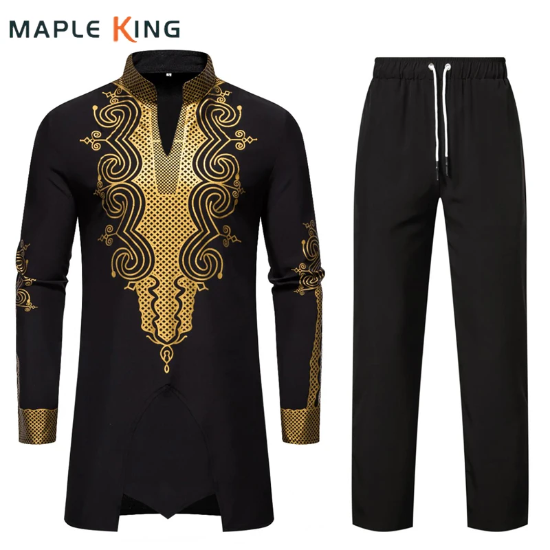 Muslim Men Clothing Shirts + Pants African Traditional Dresses Set Clothes Kaftan Outfits Luxury Print Evening Party Tracksuits