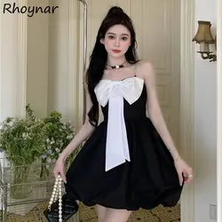 Big-bow Mini Dress Women Black Summer Hotsweet High Waist Temper Panelled A-line Kpop Elegant Vestidos Cute Clothes Sexy Leisure