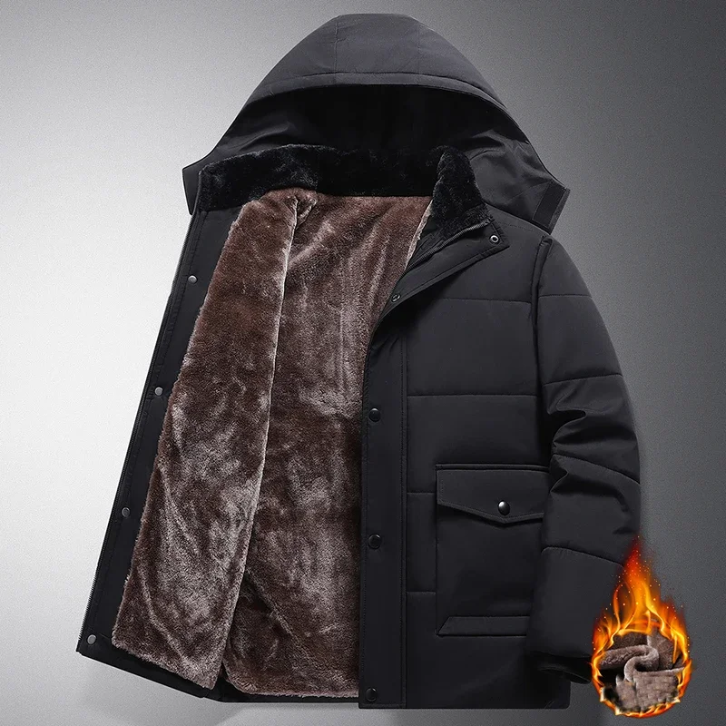Chaqueta de invierno con capucha para hombre, Parkas gruesas y cálidas para exteriores, abrigo de lana de mediana edad, cortavientos para padre,