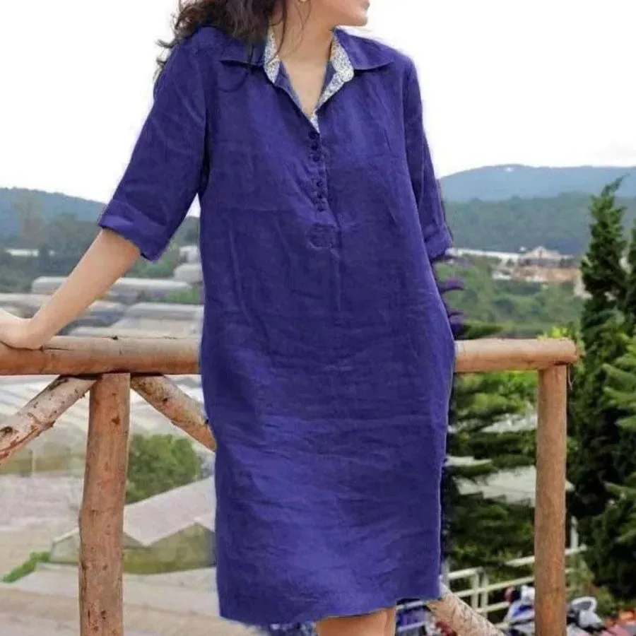 New 2024 Women's Casual Shirt Long Dress Oversized Lapel V-neck Buttons Neckline Half Sleeve Solid Dress Female Vestidos S-5XL