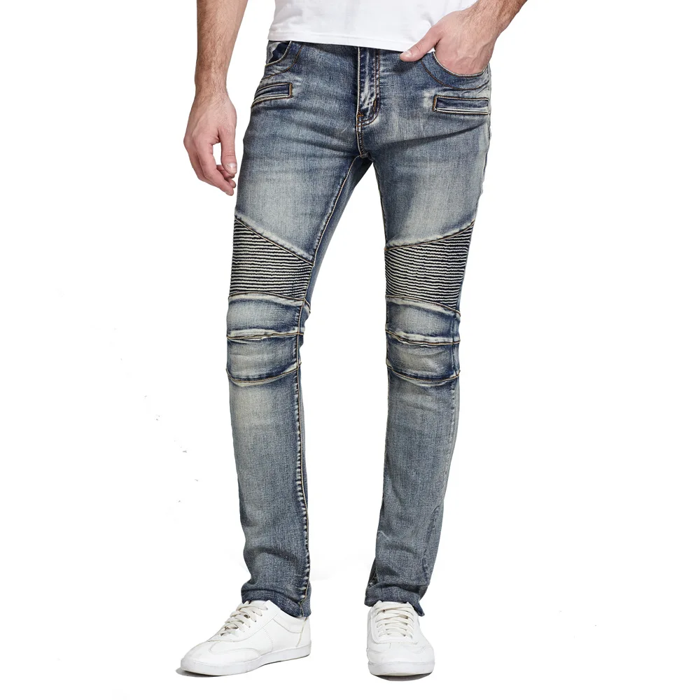 Hip Hop Jeans Men Stretch Blue Slim Fit Patchwork stripe Printed Streetwear Fashion Pockets Designer Moto Biker Jeans Boys