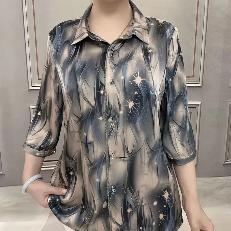 Stylish Vintage Printed Shirt Women\'s Clothing Commute Single-breasted Spring Summer Casual 3/4 Sleeve Turn-down Collar Blouse