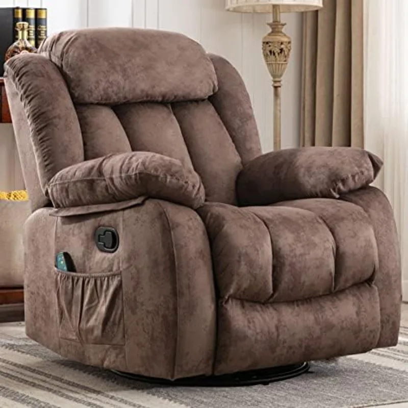 Massage Rocker Recliner with Heat and Vibration, 360 Degree Swivel Manual Antiskid Fabric Single Sofa Heavy Duty
