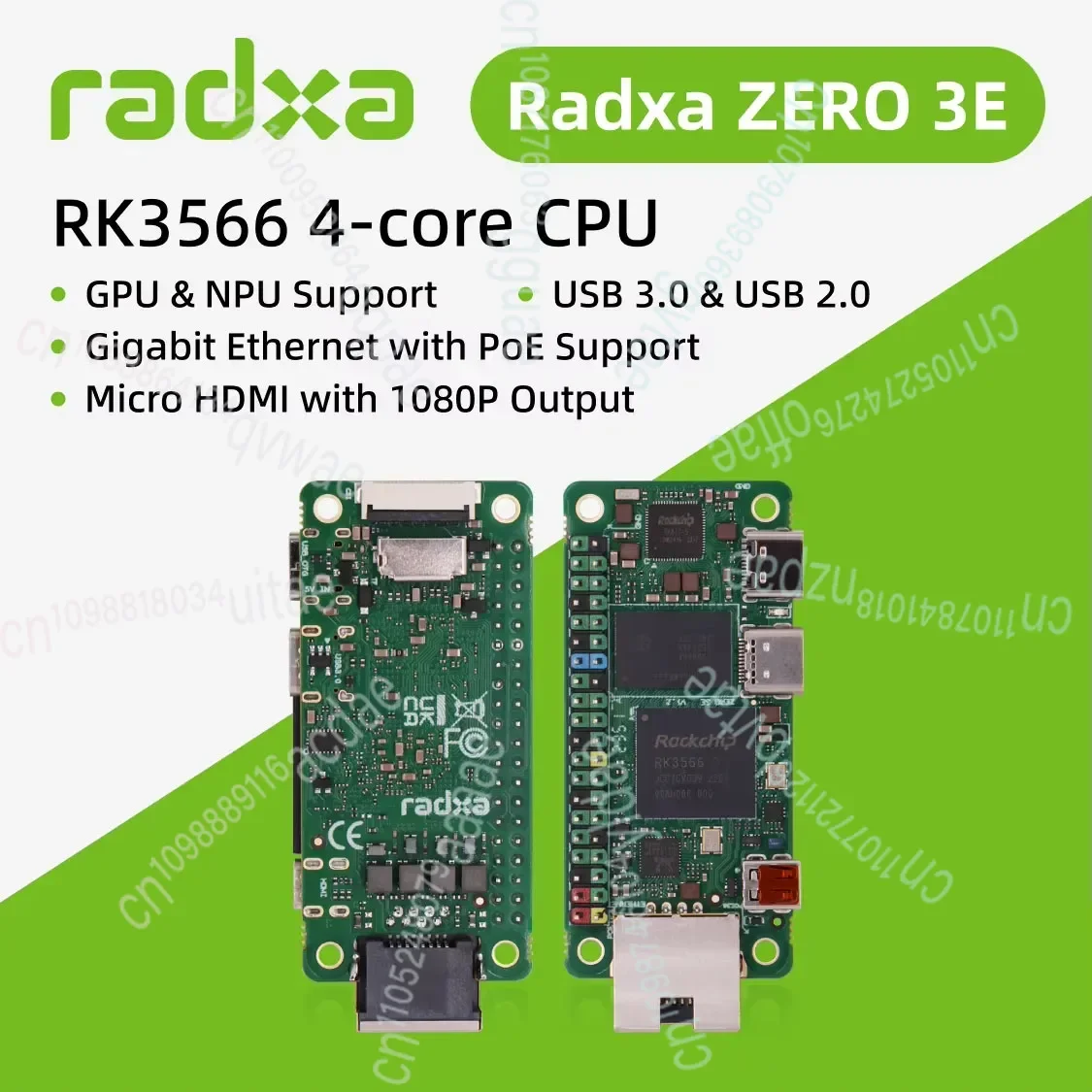 Radxa ZERO 3E RK3566 4-core CPU SBC, GPU, NPU, HDMI with 1080P Output, and Gigabit Ethernet, Single Board with Pin Header