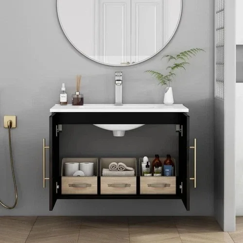 

Matte Black Modern Water Resistant Eco-Friendly Durable Bathroom Vanity Smart Mirror Hidden Storage Cabinet for Hotel Villa Use