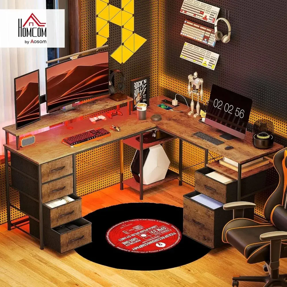 Reversible 66 L-Shaped Gaming Desk, 105 Dual-Person Computer Desk with File Cabinet, Fabric Drawers, Power Outlets, LED Lights,