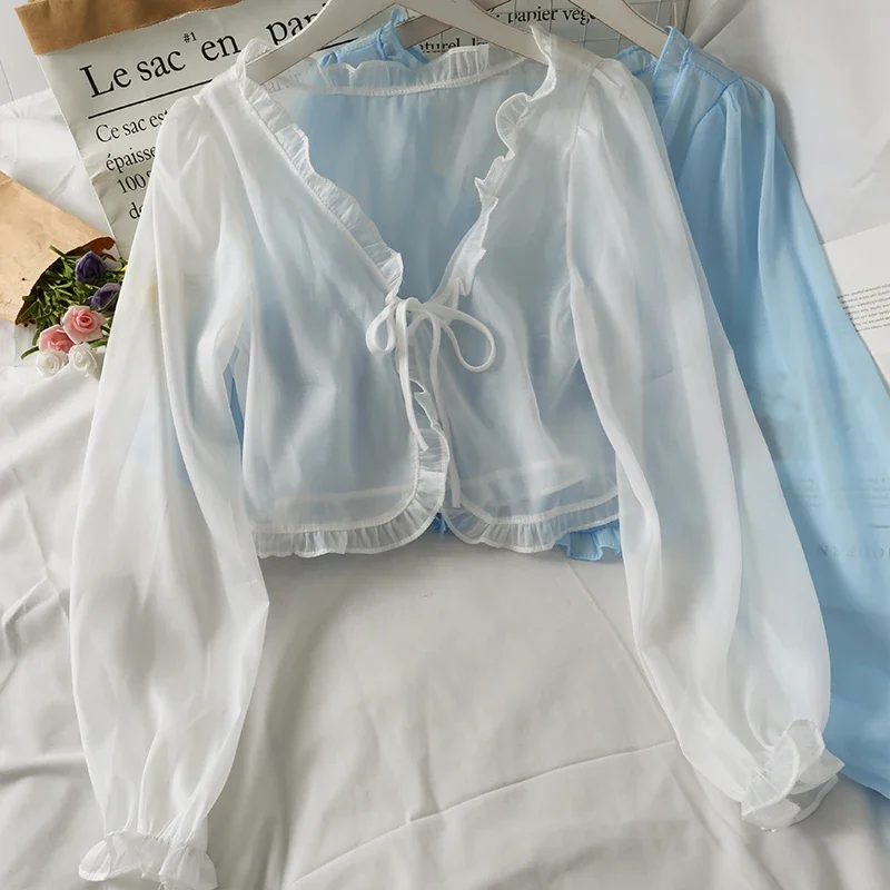 Women's Summer Lace Bow Ruffle Cardigan Shirt Y2K Korean Style Sun Protection Blouse Top White Female Cover Blusa view 6