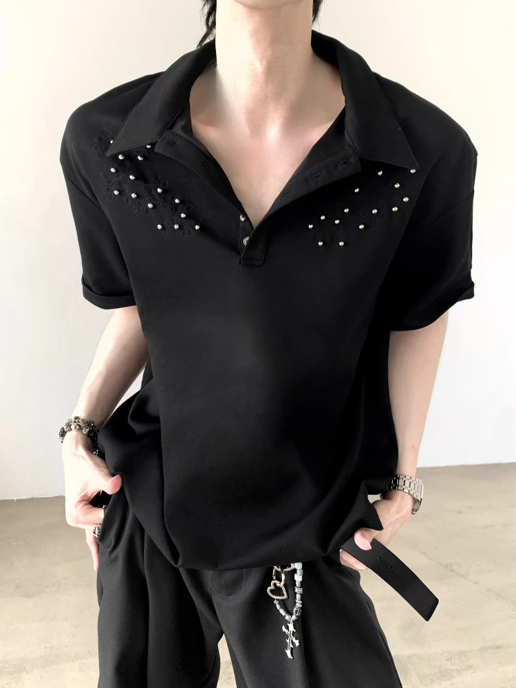 Men's 2025 Summer New High-end Tops Male Loose Handsome Lapel Trendy T-shirts Men's Niche Rivet Design Short-sleeve Polo Shirts