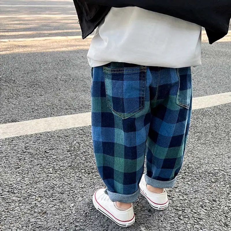 Boys 2024 Spring and Autumn New Spliced Elastic High Waist Checkered Pocket Fashion Bright Line Decoration TVersatile Dad Pants