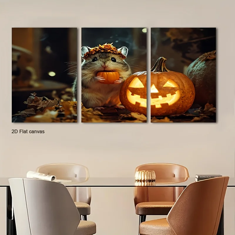 Frameless canvas 2D Flat Canvas 3pcs Hamster With Mini Pumpkin & Jack O Lanter Canvas Wall Art, Suitable For Room Decor, Offi
