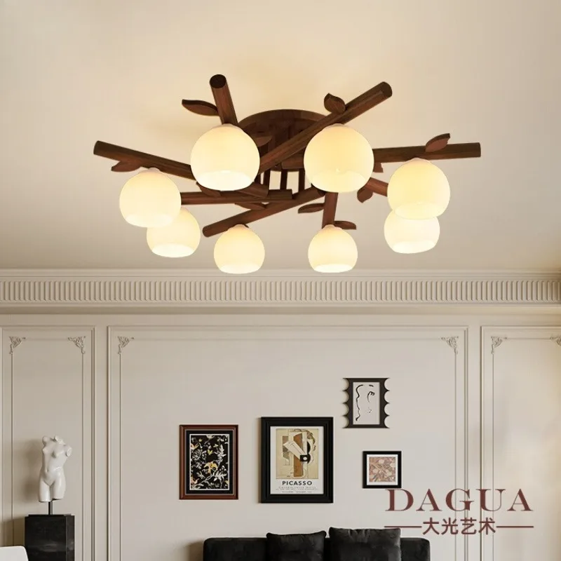 Living room ceiling lamp flower-shaped creative antique magic bean walnut modern simple atmosphere retro hall lamp