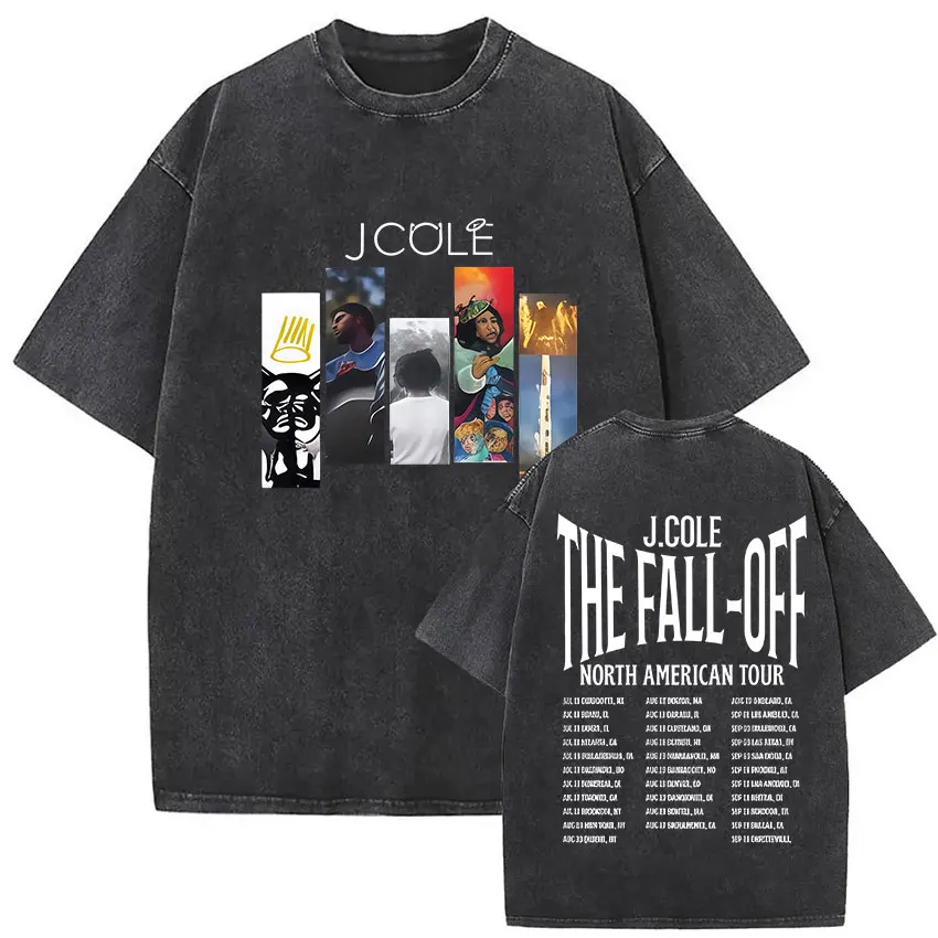 Vintage Washed J. Cole T Shirts ​The Fall Off North America Tour 2026 Graphic T-shirt Men's Clothing Hip Hop Short Sleeve Tshirt
