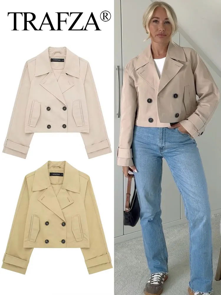 TRAFZA 2024 Women Fashion Jacket V Neck Long Sleeves Solid Double Breasted Short Cardigan Top Pockets Vintage Street Woman Coat