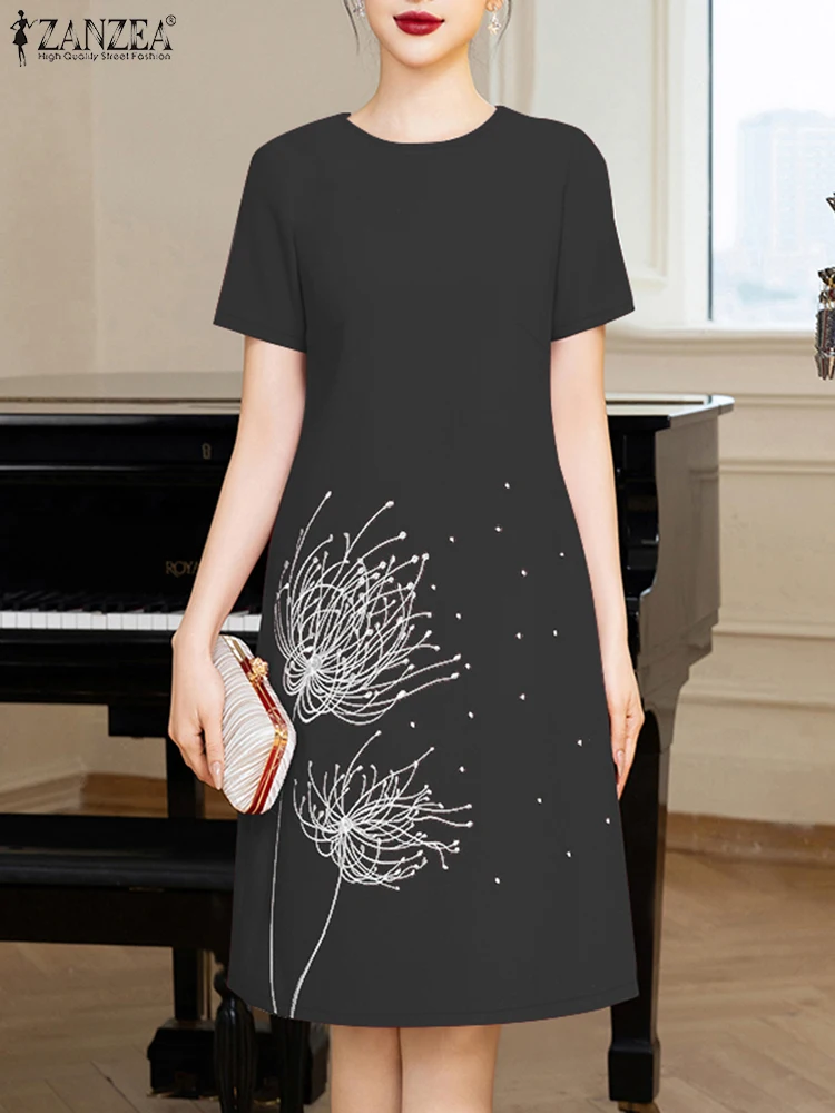 ZANZEA Womens Commuting Solid Vestidos Casual O-Neck Summer Short Sleeve T-Shirt Dresses Embroidered Knee-Length Robes Femme