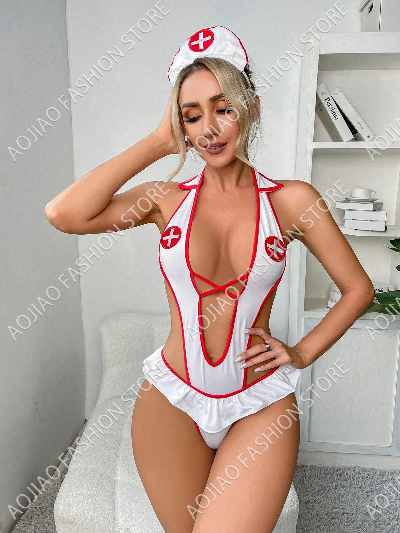 Cut Out Ruffle Trim Teddy Bodysuit & Headband Sexy Nurse Costumes, Women\'s Plus Contrast Trim Red Cross Patched Cami Lingerie