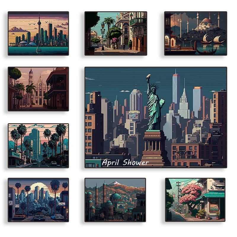 Aesthetic Cities Pixel Art Aesthetics Posters Japanese Landscape Canvas Painting and Prints Wall Art Picture for Room Home Decor