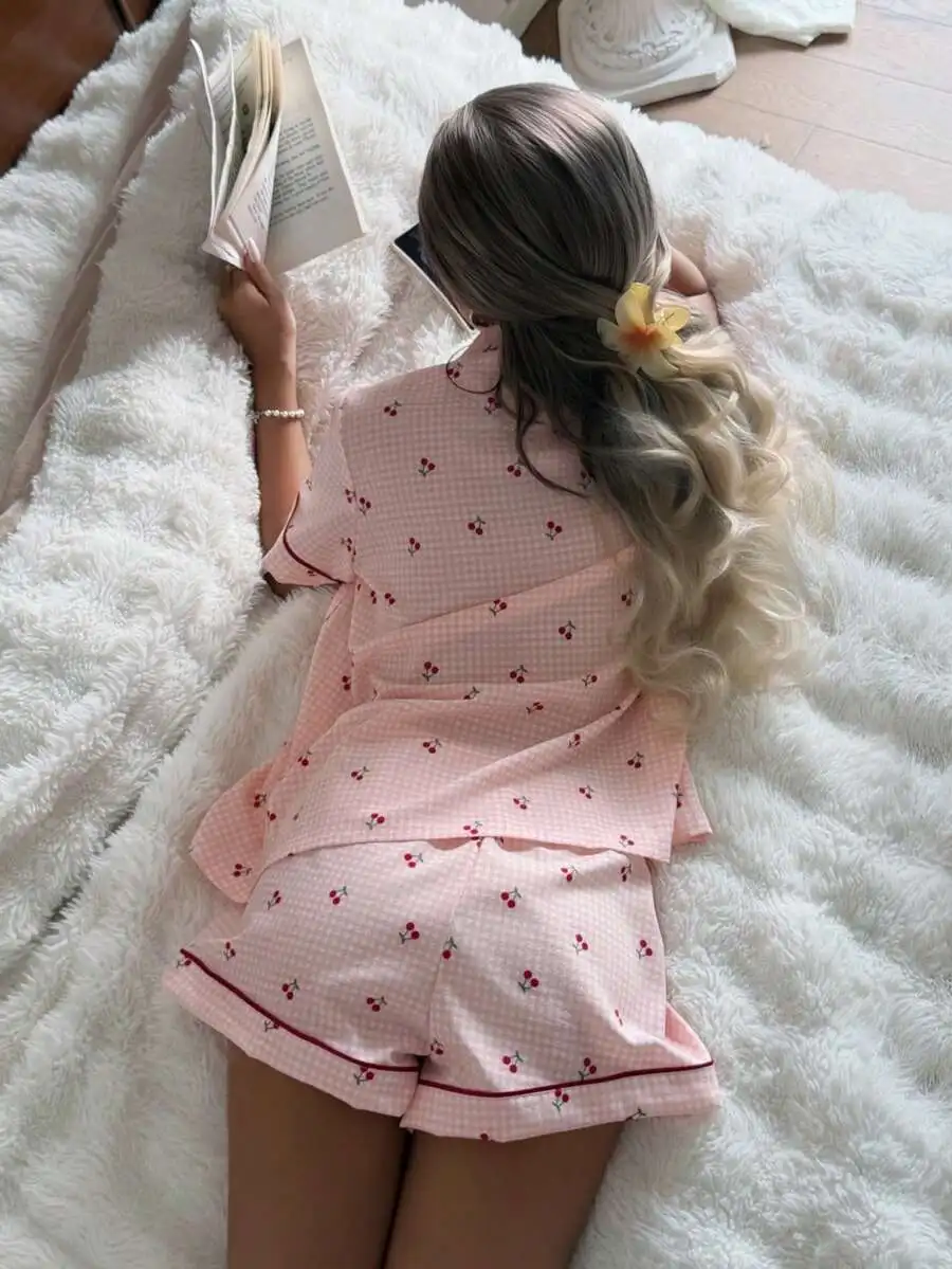 

Pink Plaid Cherry Print Shirt Collar Short Sleeve Pajama Set For Women